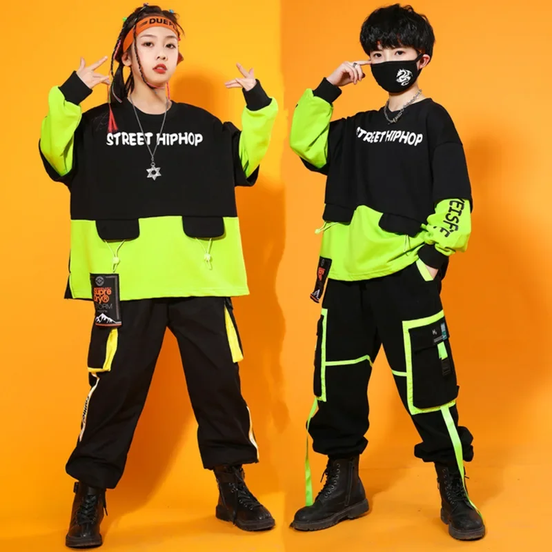 Boys Cool Hip Hop Fake Two Sweatshirt Girls 2 Pcs Sets Kids Cargo Pants Street Dance Clothes Teen Jazz Streetwear Child Costume