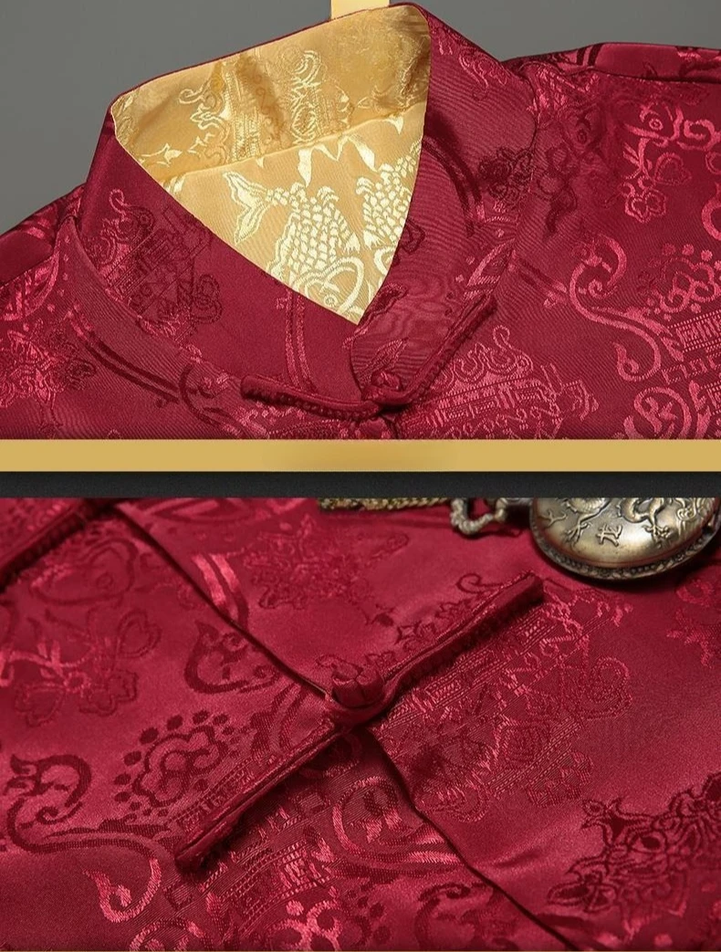 A Chinese-style Men's Two-piece Set That Can Be Worn Either Way, Featuring A Jacket Paired with Black Drawstring Pants.