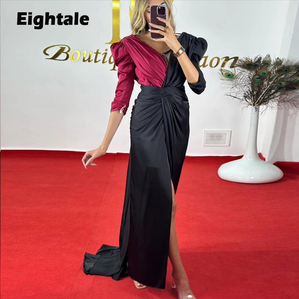 

Eightale Evening Dress for Wedding Party V Neck Dubai Black and Red Mermaid Three Quarter Sleeves Arabic Celebrity Prom Gowns