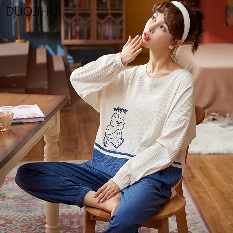 DUOJIHUI Spring Two Piece Fashion Casual Home Pajamas for Women Korean Classic O-neck Pullovers Simple Pant Female Pajamas Set