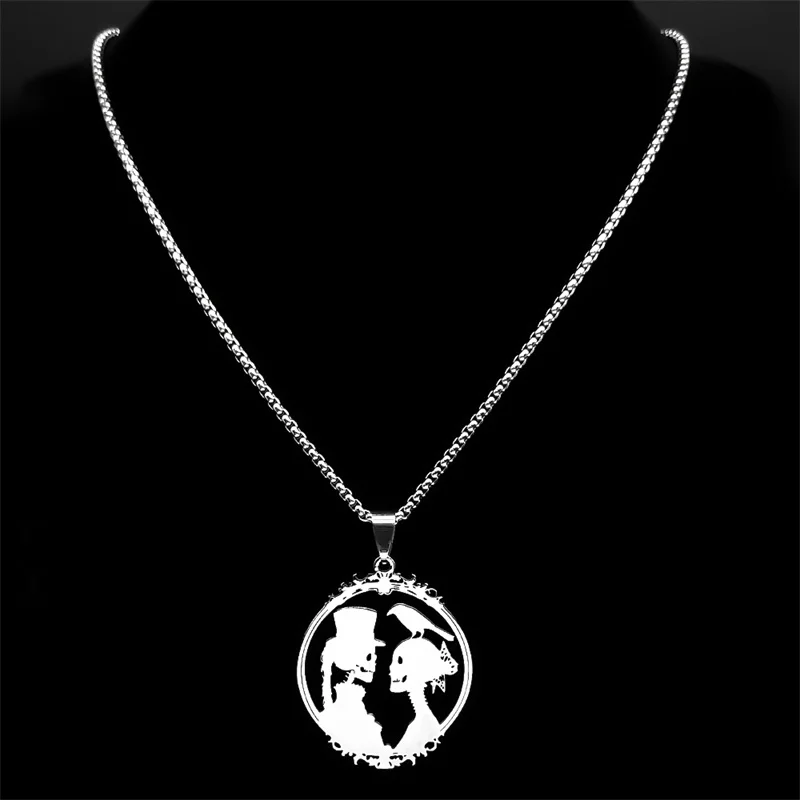 Gothic Bride and Groom Stainless Steel Skull Crow Pendant Necklace for Women Men Black Photo Frame Couple Jewelry Party Gift