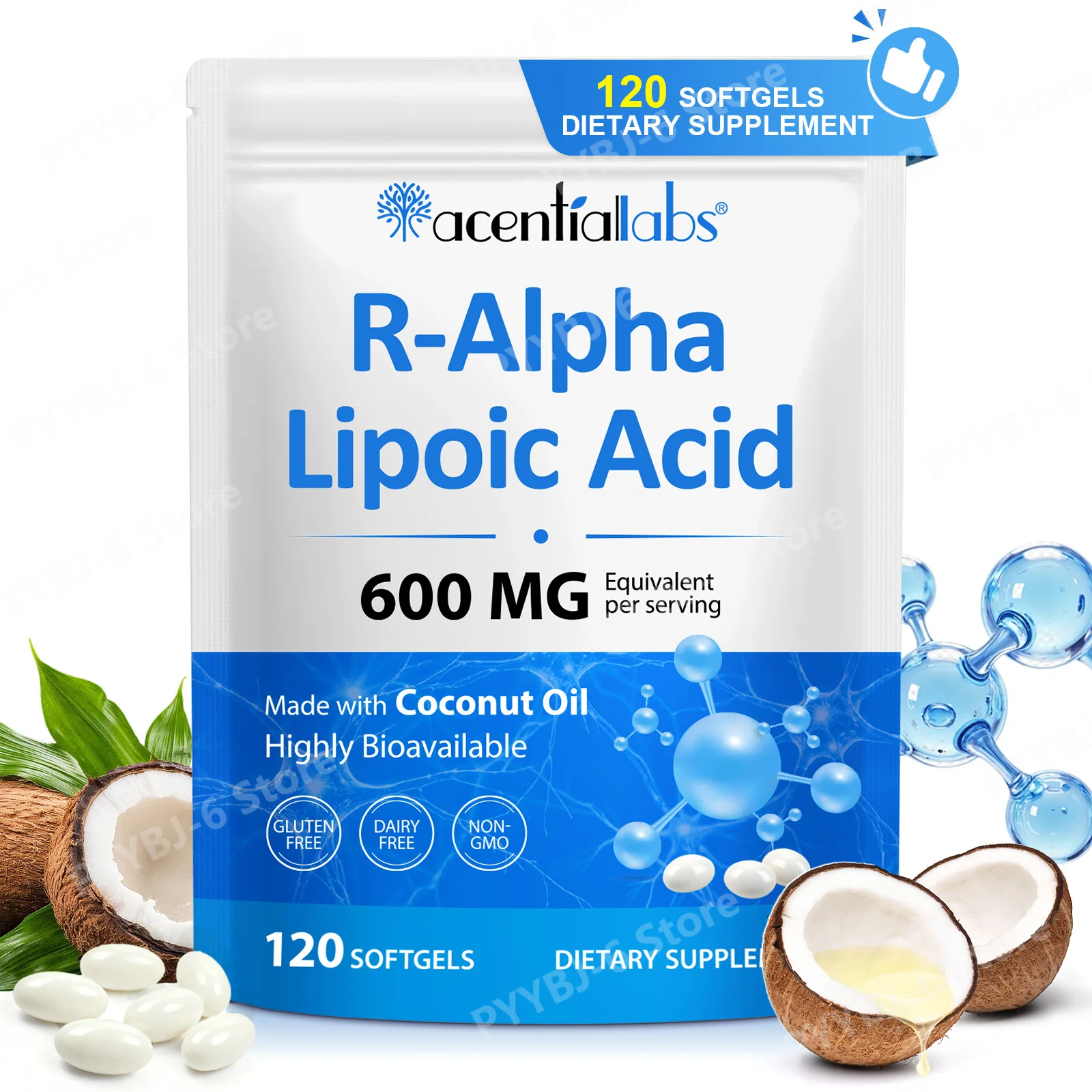 R-Alpha Lipoic Acid Softgels with Coconut Oil Advanced Antioxidant Support & Healthy Metabolism Gluten-Free Non-GMO 120 Softgels