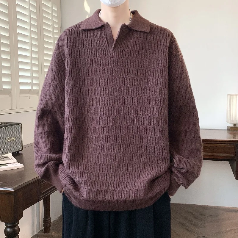 Solid Color Sweater Long Sleeve Autumn and Winter POLO Lapel Thickened Sweater Pullover Korean Style Men's Sweatshirt