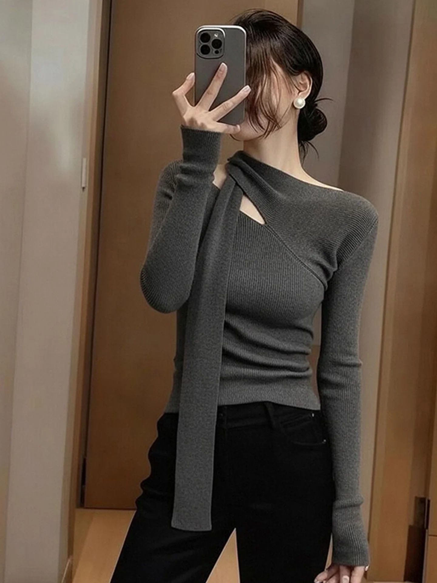 

Slim Fit Long Sve Knitted Sweater Women's Base Layer irt Sli Ele Design Winter Commute Faion Korean Sle