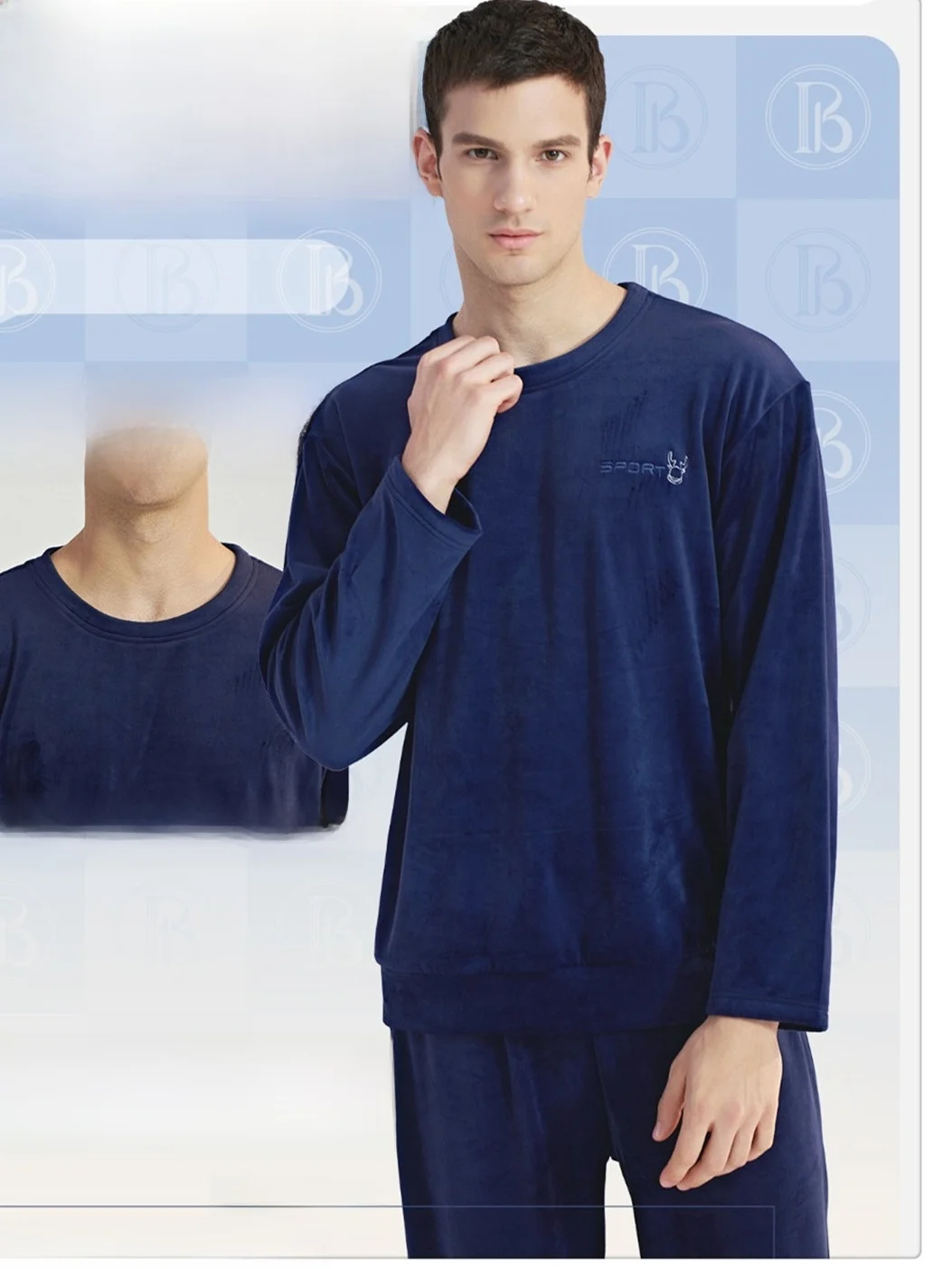 pb-men's-home-clothes-round-ne-overhead-island-velvet-ultra-soft-australian-wool-velvet-long-sve-thiened-winter-pyj