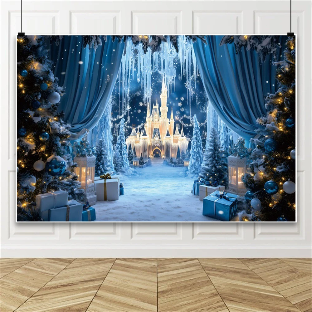 Blue Winter Snow Ice Castle Backdrop Christmas Tree Gifts Pine Tree Kids Portrait Photography Background Decor Photostudio Props