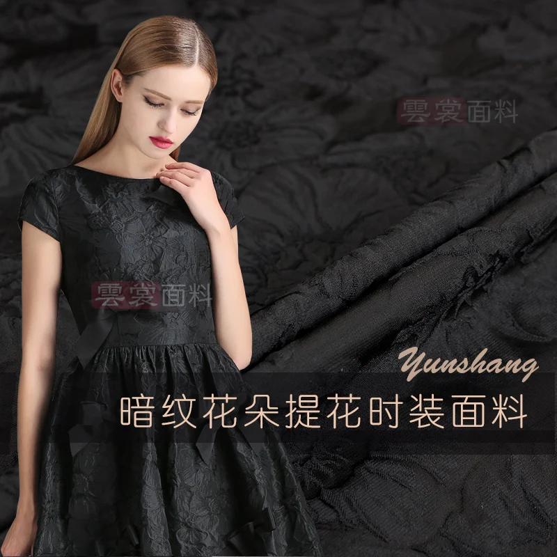 Yarn Dyed Brocade Jacquard Thin Spring Autumn Black Dark Flower Dress Clothing European Brand Fashion Design Sew Wholesale Cloth