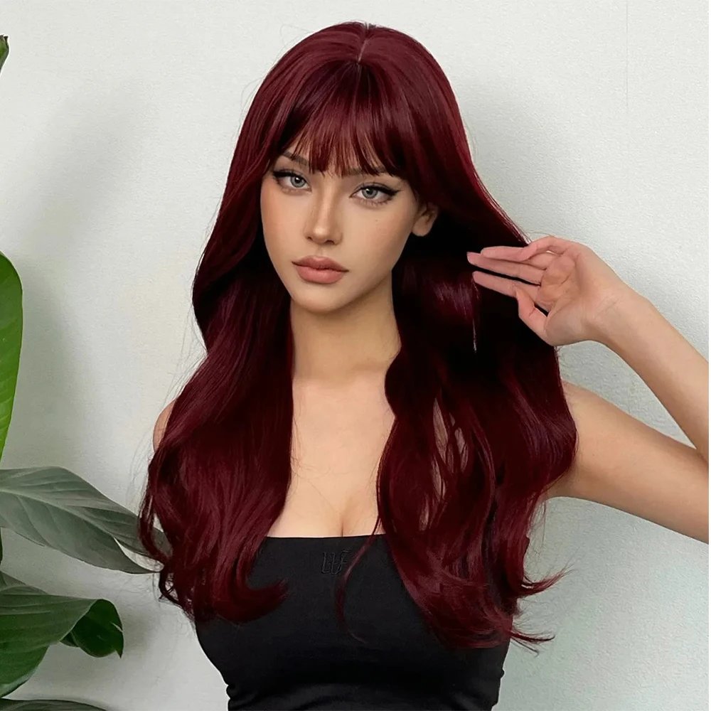 

Wine red big waves synthetic wig bangs and long curly hair for Women's Party daily use Heat Resistant fiber wig Cosplay
