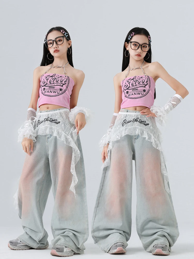 Ropa de baile de Jazz a la moda para niñas, Tops rosas, pantalones vaqueros con lentejuelas, traje de actuación Kpop, disfraz de Concierto de pasarela, ropa de escenario BL16784