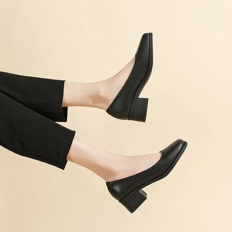 Black High Quality Women's High Heel Shoes Classic Fashion Women Casual Shoes Low-heeled Formal Soft Leather Elegant Work Shoes