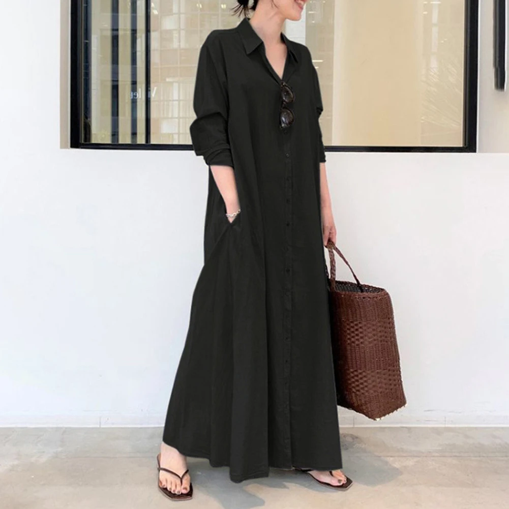 Women Linen Cotton Button Up Casual Loose Kaftan Maxi Shirt Dress Long Dress Solid Color Lapels Long Sleeves Loose Pockets