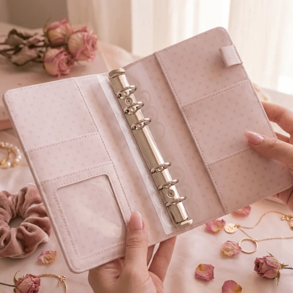 DIY PU Cover A6 Loose Leaf Notebook Polka Dot Pink Diary Book Clip-on Blank Grid Lined Pages Agenda Planner Girls