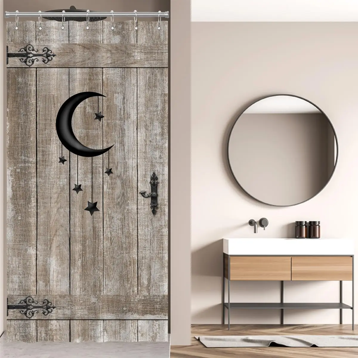 

Moon Star Barn Door Shower Curtain Small Stall Rustic Wooden Plank Vintage Farmhouse Country Old Garage Home Bathroom Decor