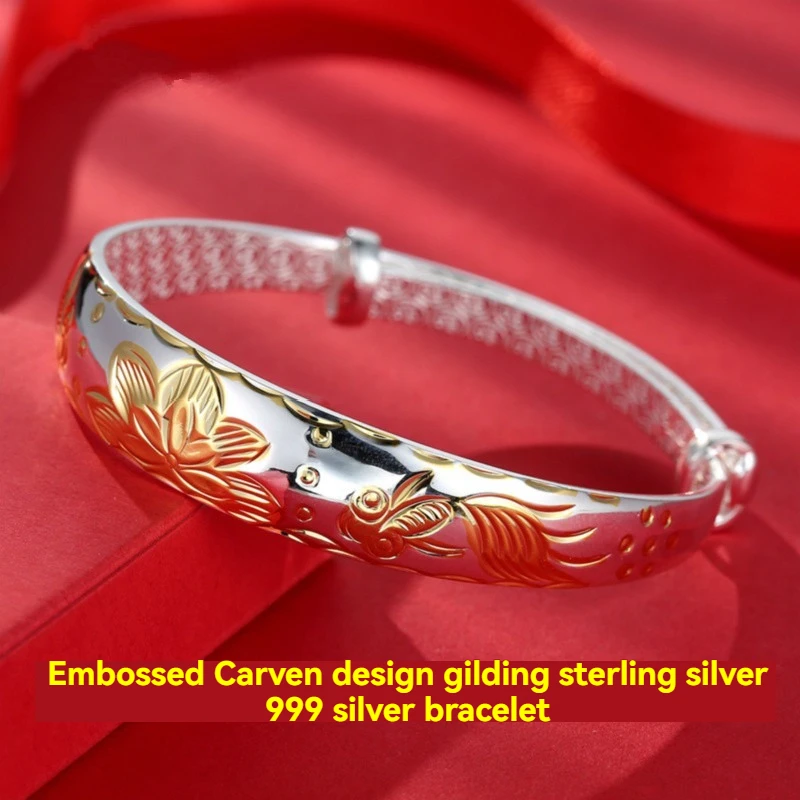 سوار من الفضة الإسترليني S999 عالي الجودة ، سوار كلاسيكي لوتس الحوت الذهبي للسيدات ، هدية للأم والزوجة ومجوهرات الجدة #3