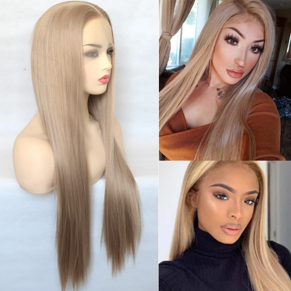 Voguequeen Honey Ash Blonde Color Synthetic Lace Front Wig Long Silky Straight Heat Resistant Fiber Daily Wear For Women