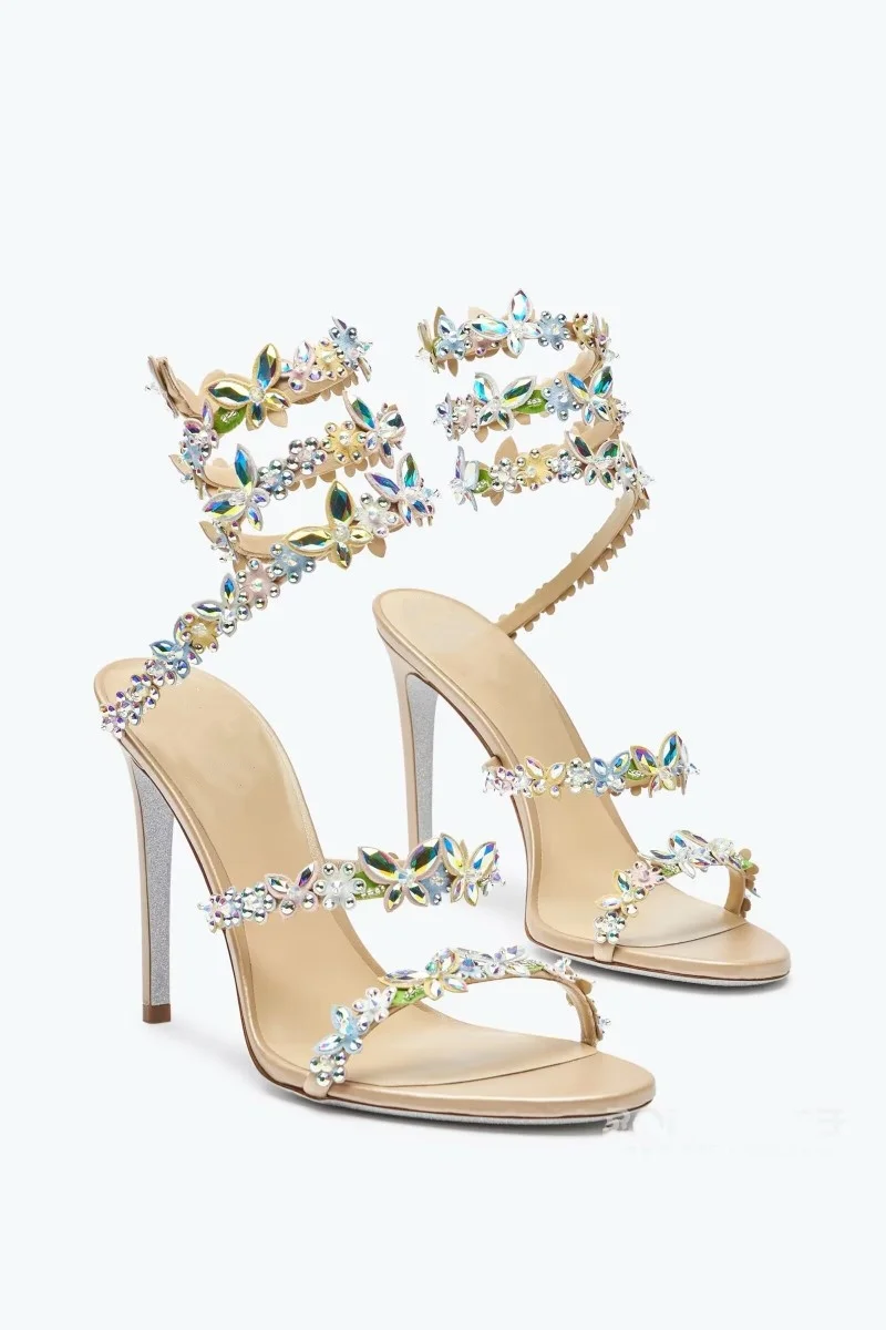 2026 New Bling Crystal Cross-Tied Round Toe Summer Women Sandals Stiletto High Heels Slip On Design Large Size Party Shoes image 3