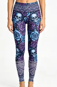 Women Mid‑Rise Fleece Lined Leggings, Blue Purple Rose Skull Ethnic Geometric Border Print Slim Stretch Halloween Pants