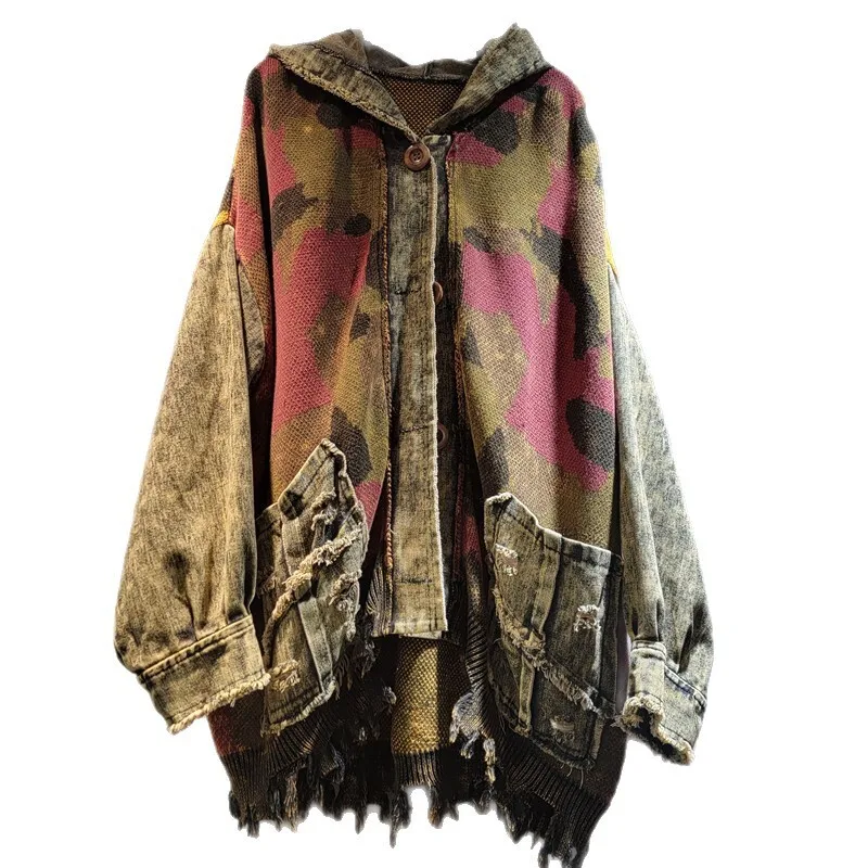 WTHT Vintage Fashion Women's Print Design Knit Spliced Denim Irregular Hoodies 2025 Long Sleeves Jacket Female 1LS2213