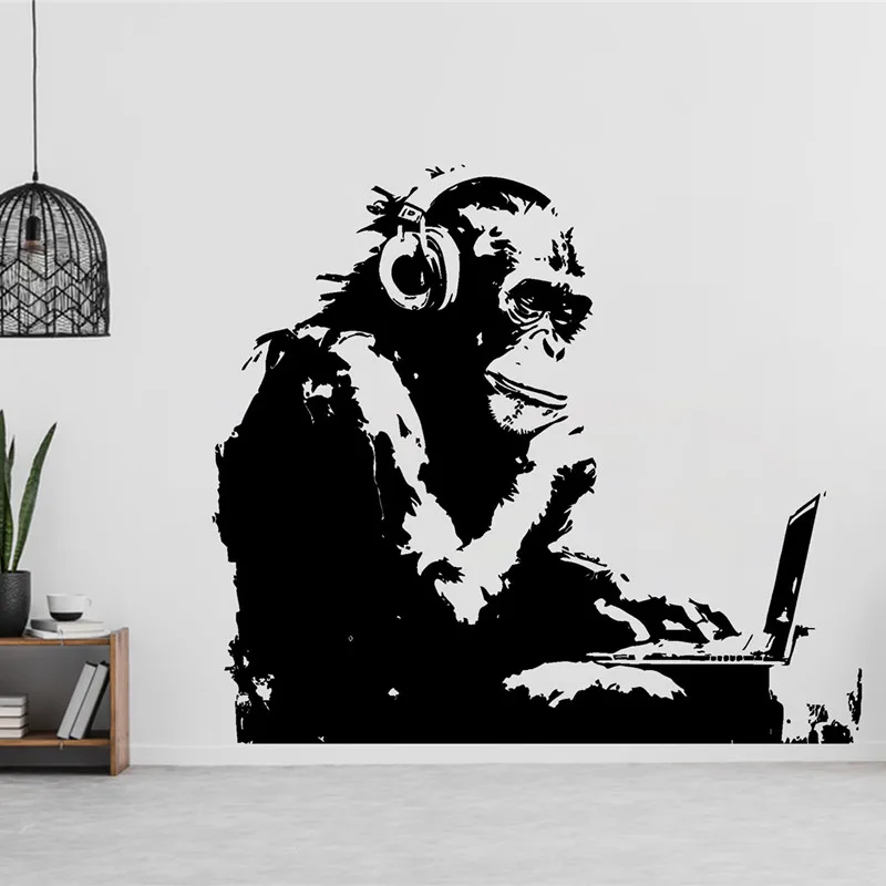 Gorilla Working On Laptop Wall Decal Safari Africa Animal Bansky wall decor Wild King Africa Wall Art Stickers Home Gifts Vinyl