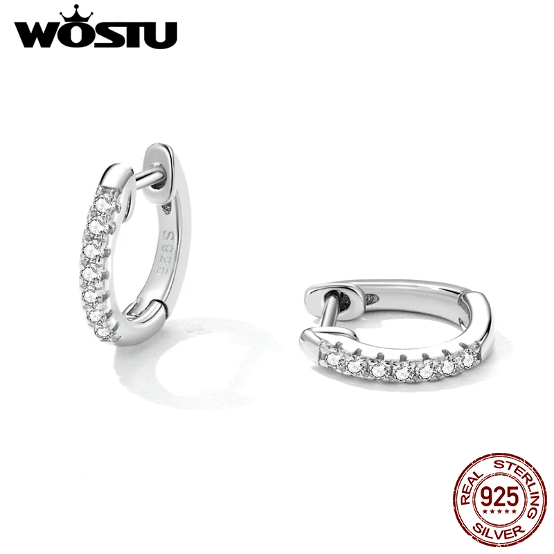 WOSTU 925 Sterling Silver Solido Piccolo Impilabile Orecchini A Cerchio Zircone Pietra Rotonda Piccolo Orecchio Aretes Cerchi Per Le Donne S925 Gioielli