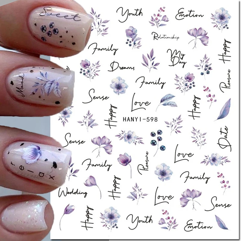 

3d Nail Art Stickers Purple Flowers Leaves Fruits Letters Adhesive Sliders Decals For Nails Decorations Manicure Accessories