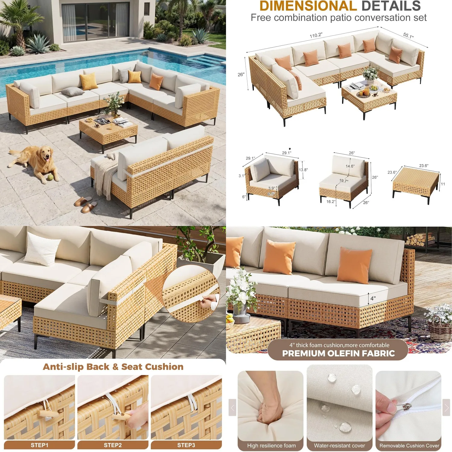 

9 Piece Large Outdoor Sectional Sofa All Weather Wicker Thick Cushion Free Combination for Porch Deck, Customized