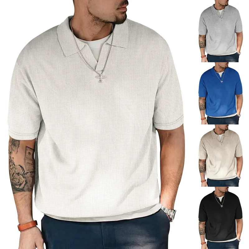 2024 Summer Polo Collar Short Sleeved Men's T-shirt High End V Polo Neck Heavyweight Waffle Loose Knitted Short Sleeves