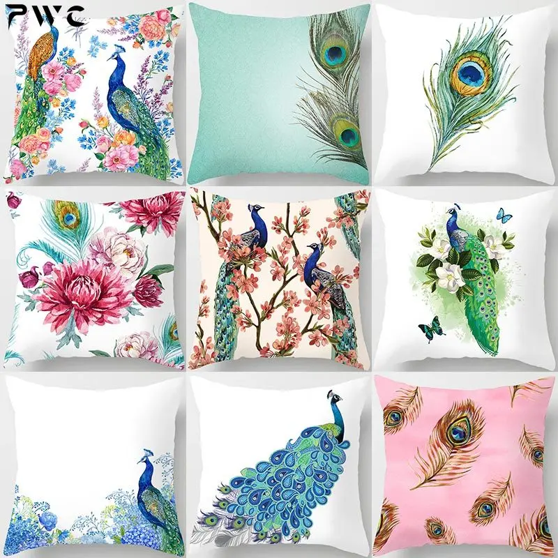 

Peacock Feather Pattern Decorative Cushions Pillowcase Polyester Cushion Cover Throw Pillow Sofa Decoration Pillowcover