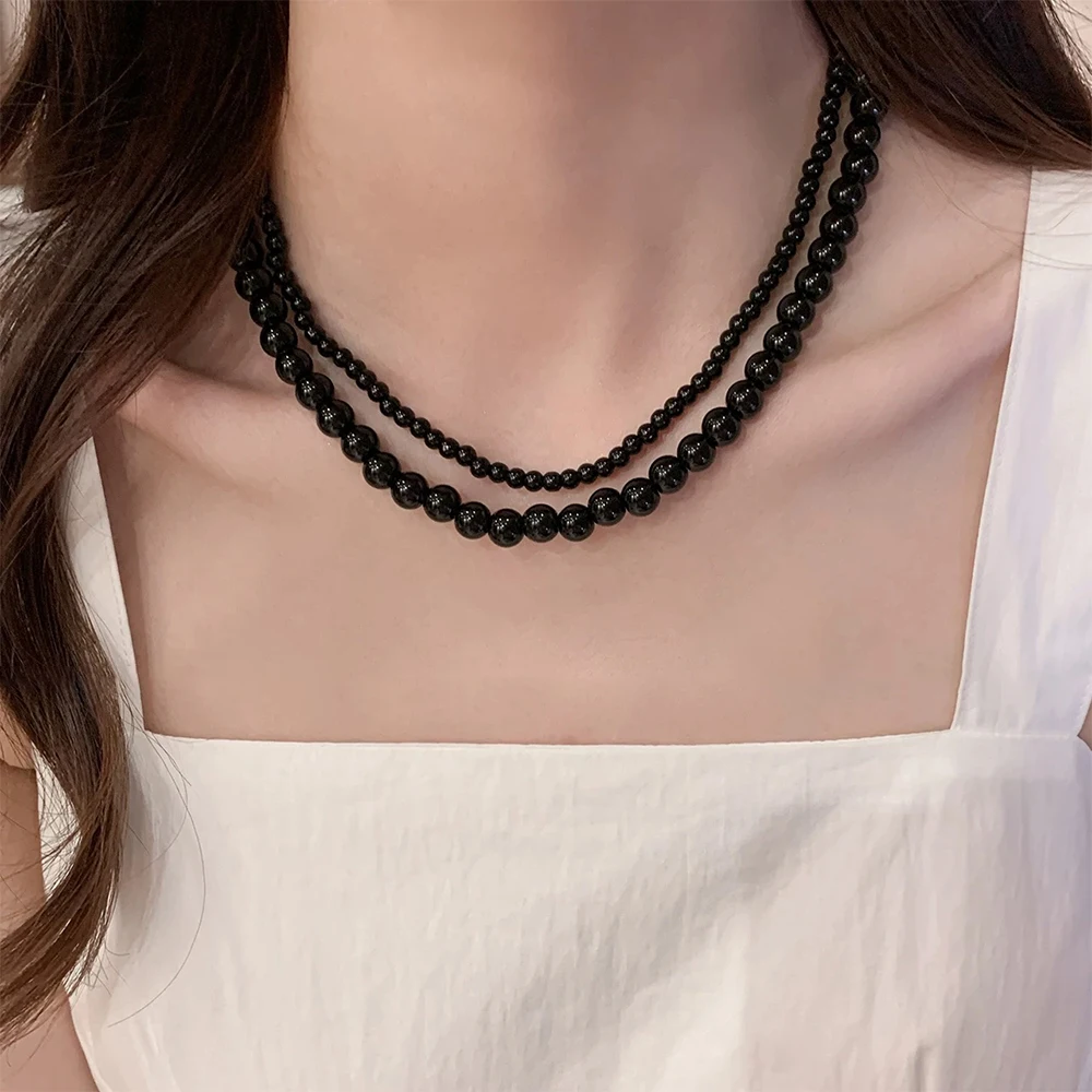 2024 New Punk Smooth Black Round Beads String Necklace for Women Men Unisex Acrylic Beads Choker Jewelry on The Neck Collar Gift