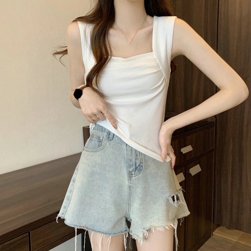 

Women's Tank Top Strap Slimming Short All-Match Pleat Sling Outer Wear Top Girl Camisole Square Neck Underlay Vest Tank Tops