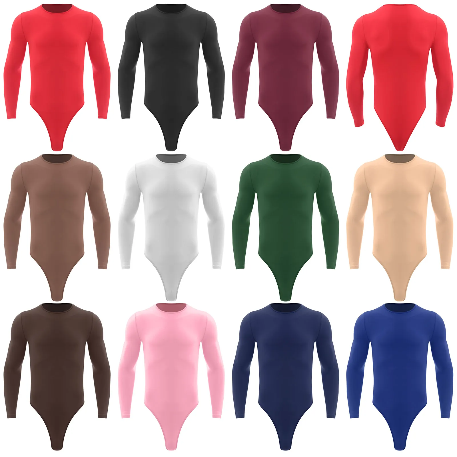 Mens Rompers One Piece Leotard  Round Neck Long Sleeve Press Buttons Gymnastics Workout Yoga Fitness Unitard Fashion Casual Wear