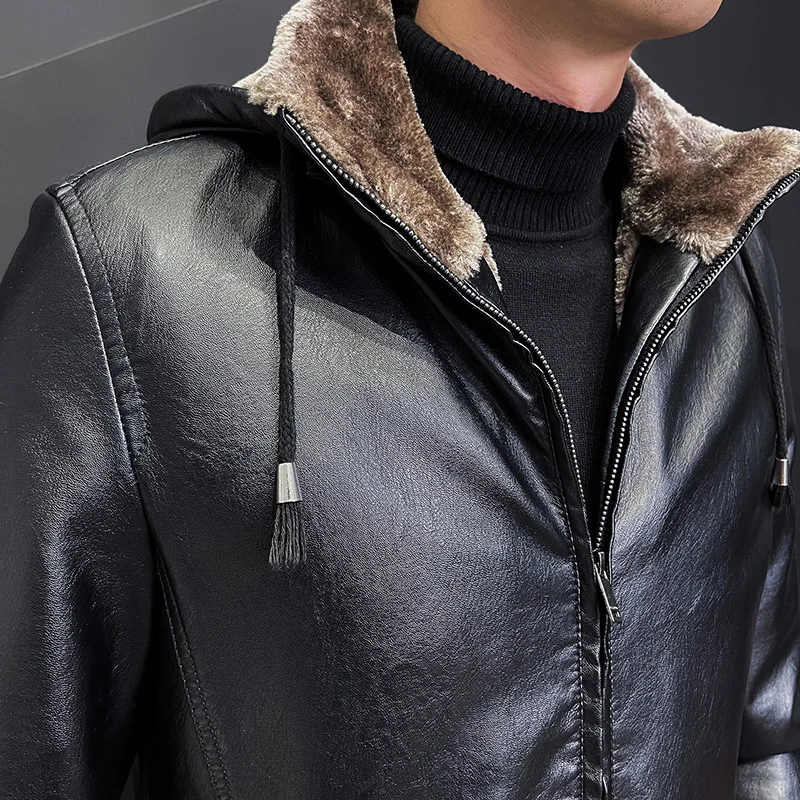 Men\'s New Winter Lapel Zipper Long Sleeved Plush Jacket Leather Jacket Fashionable and Loose Warm and Casual Versatile Jacket