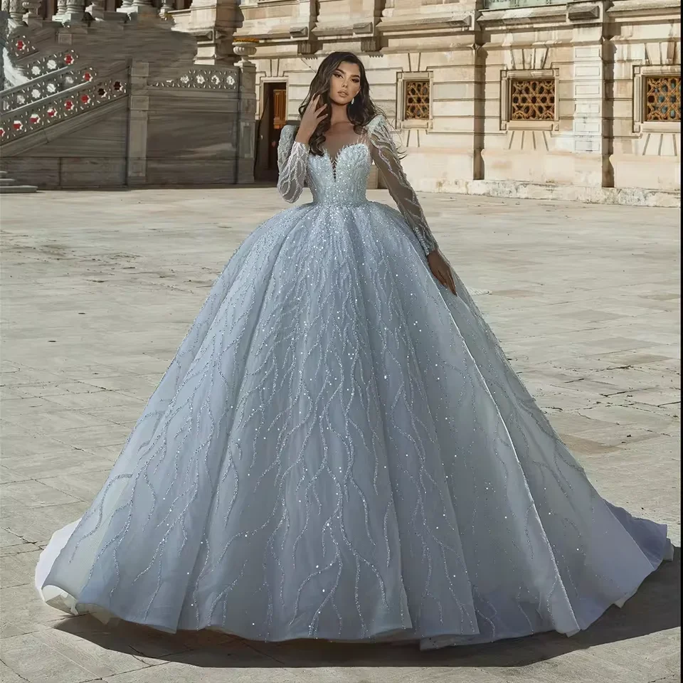 ชุดแต่งงานเจ้าหญิงแบบหรูหราสั่งตัดพิเศษ ประดับลูกปัด แขนยาว ผ้าลูกไม้ คอวี กระโปรงเจ้าสาวแบบหวานๆ  (Vestido de novia)