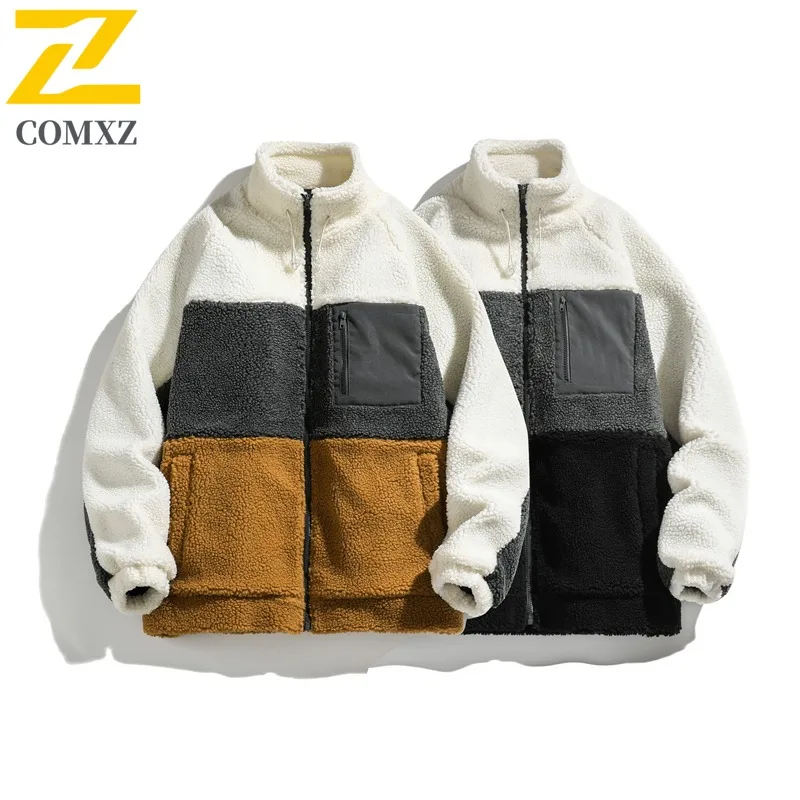 

COMXZ 2025 Мужская куртка на подкладке из шерпа с цветными блоками, осень-зима, повседневное модное толстое теплое хлопковое легкое пальто
