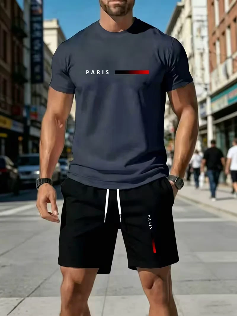 Men's sports two-piece set short sleeved T-shirt and shorts running and fitness sportswear summer promotion latest hot selling view 3