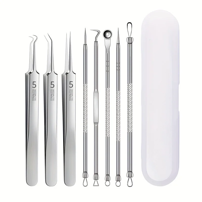 Set di 8 strumenti per la rimozione di punti neri in acciaio inossidabile, clip per punti neri, pinzette, rimozione di punti neri per il viso di bellezza, strumento per ago per l'acne