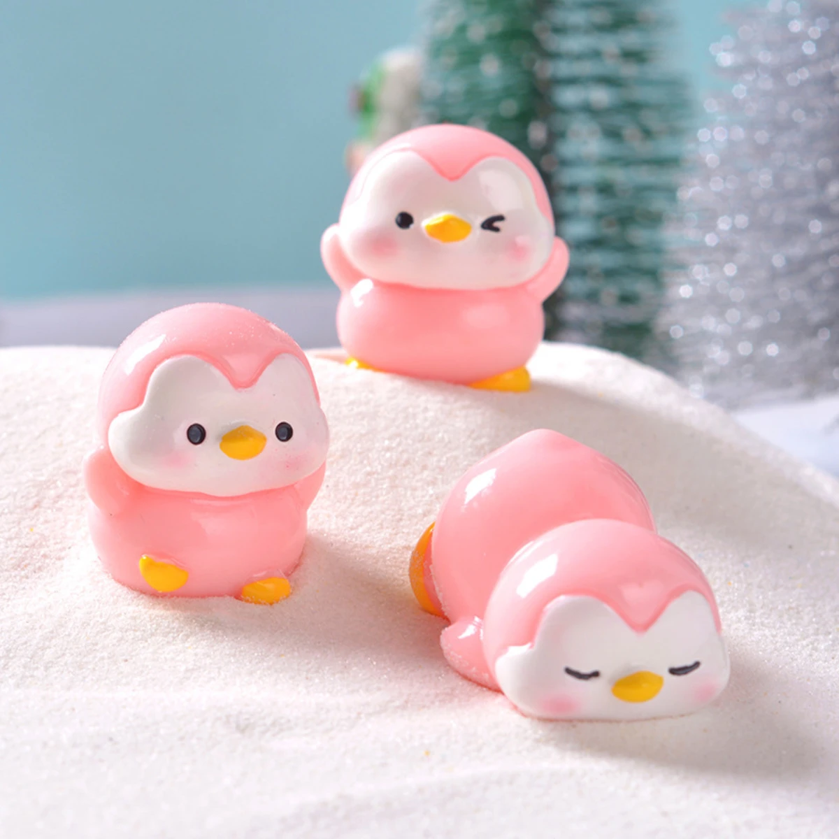 Pink Cute Grey Penguin Doll Snow Landscape Gardening DIY Decoration Accessories Mini Desktop Small Ornament
