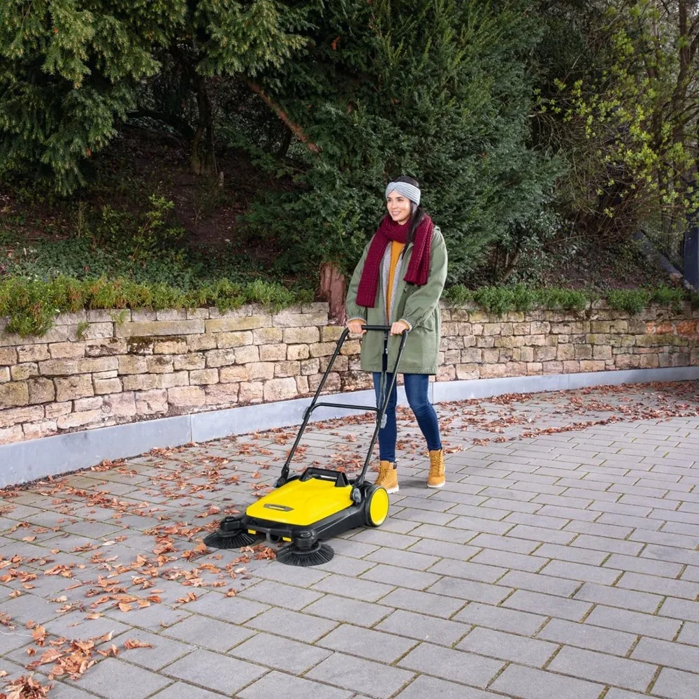 Twin Walk-Behind Outdoor Hand Push Sweeper - 5.25 Gallon Capacity - 26.8" Sweeping Width - Sweeps up to 26,000 ft²/Hour, Yellow