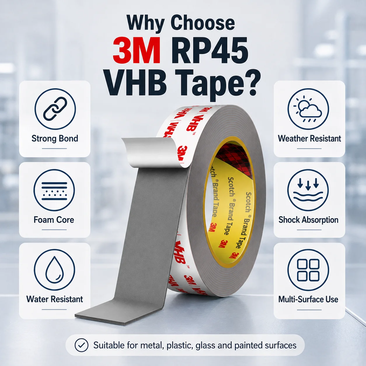 3M RP45 VHB Tape 1.1mm Gray Acrylic Foam Double Sided Mounting Tape Strong Bond For Automotive Electronics Metal Plastic 3m