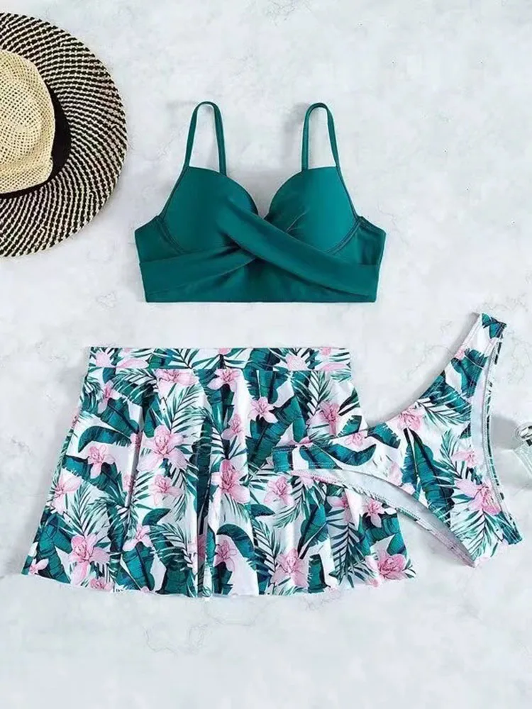 High Waist Skirt-Style Bikini Three Pieces Floral Twist Swimwear Cover Up Swimsuit Women Push Up Bikinis Sets 2024 Bathing Suits