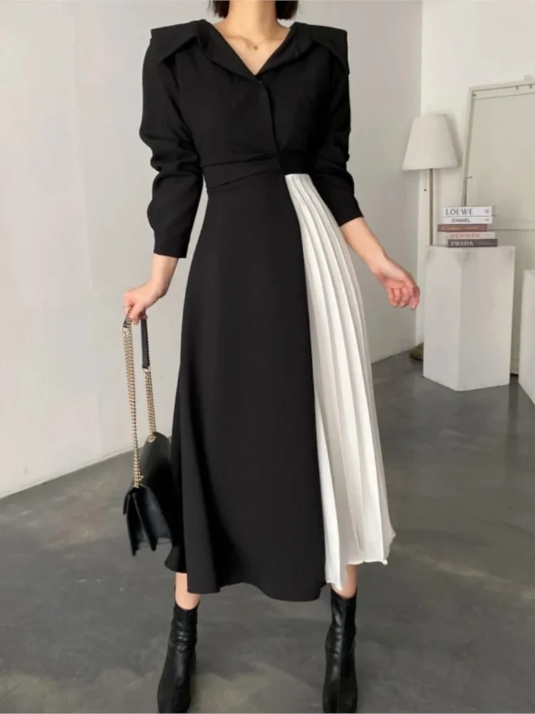 Women Elegant Patchwork A-line Midi Black White Dress OL Pleated Long Sleeve Spring Autumn Vestidos Female Fashion Clothes