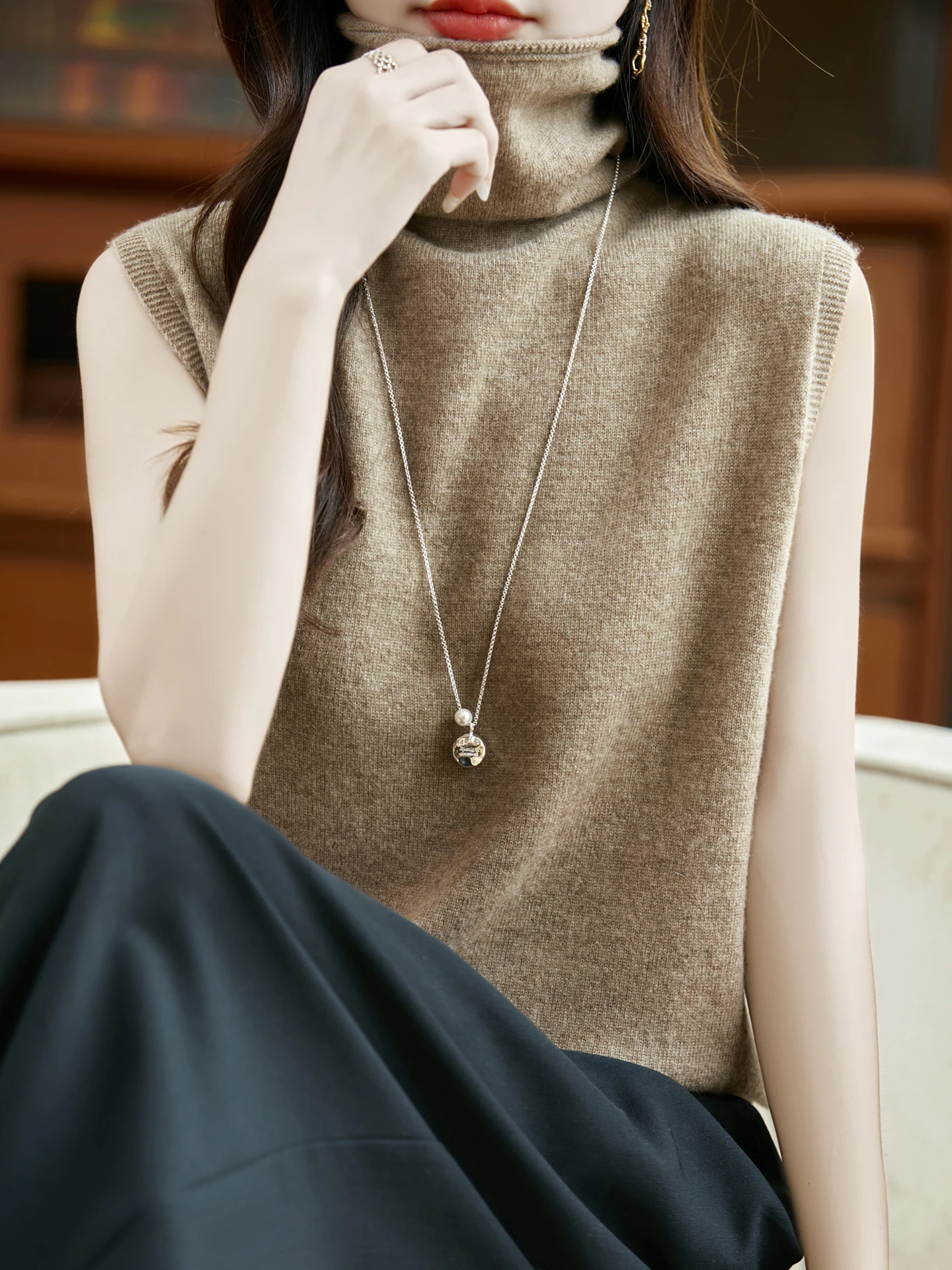 

Женский цельный вязаный свитер без рукавов из 100% мериносовой шерсти с свободным вырезом, теплый утолщенный пуловер для осени и зимы, мягкая одежда