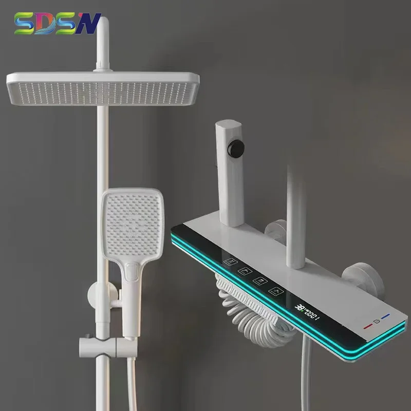 

White Piano Digital Shower Set Quality Brass Bathroom Faucets Rain Shower Head Hot Cold Shower Sprinkler Piano Bathroom System