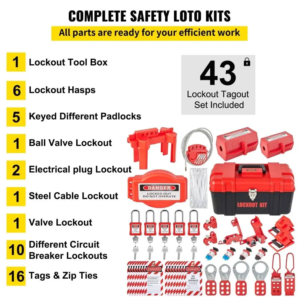 43PCE Lockout Tagout Safety Kit with Padlocks Hasps Tags Ties Box for Industrial Machinery