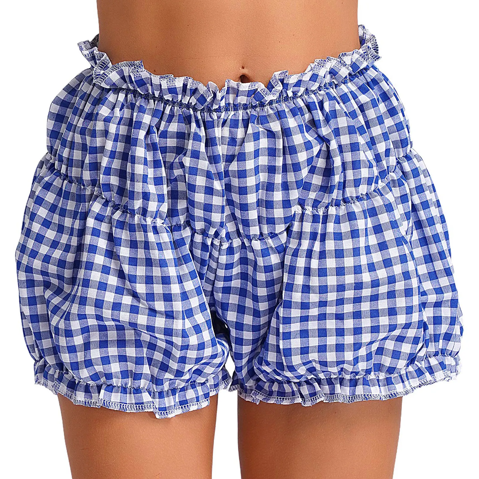 Womens Gingham Shorts Lolita Bloomers Elastic Waistband Low Rise Plaid Print Ruffled Loose Bottoms Safety Shorts Streetwear