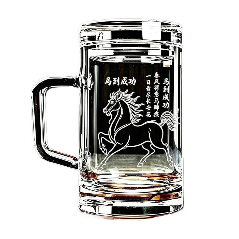 Thickened Glass Tea Cup with Lid and Handle 400ml Floral Engraved for Home Office Tea Drinking and Daily Use