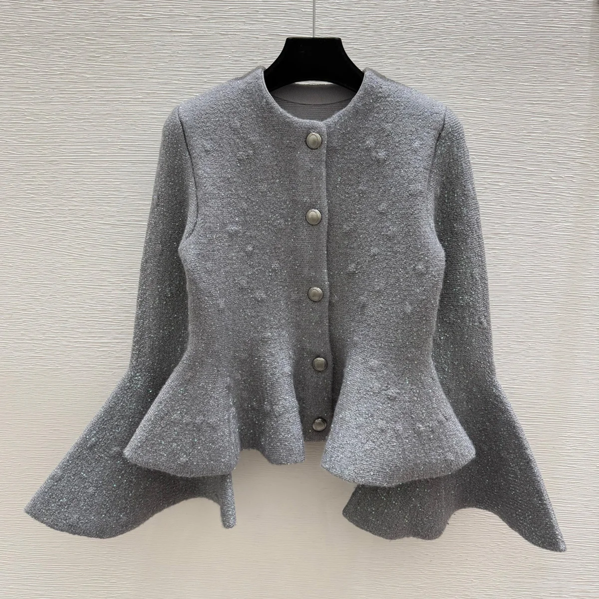 High Quality Women Sequin Textured Knit Short Jacket, Round Neck Button Flared Sleeve Peplum Hem Elegant Coat lyt261010263