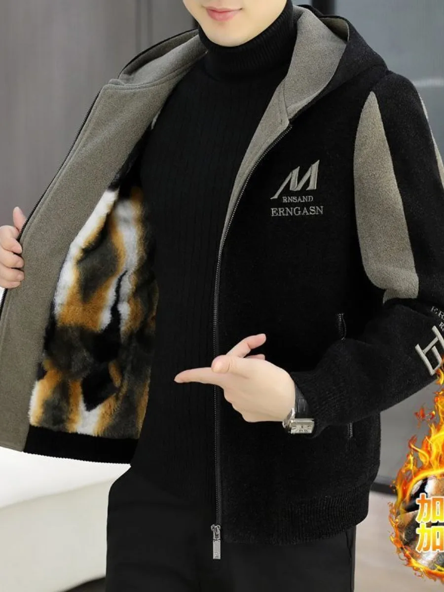 

Men's Winter Jaet ort Flannel Coat with Hood Fce Lined Warm Busin Sle Breathable Thiened Winter Outerwear