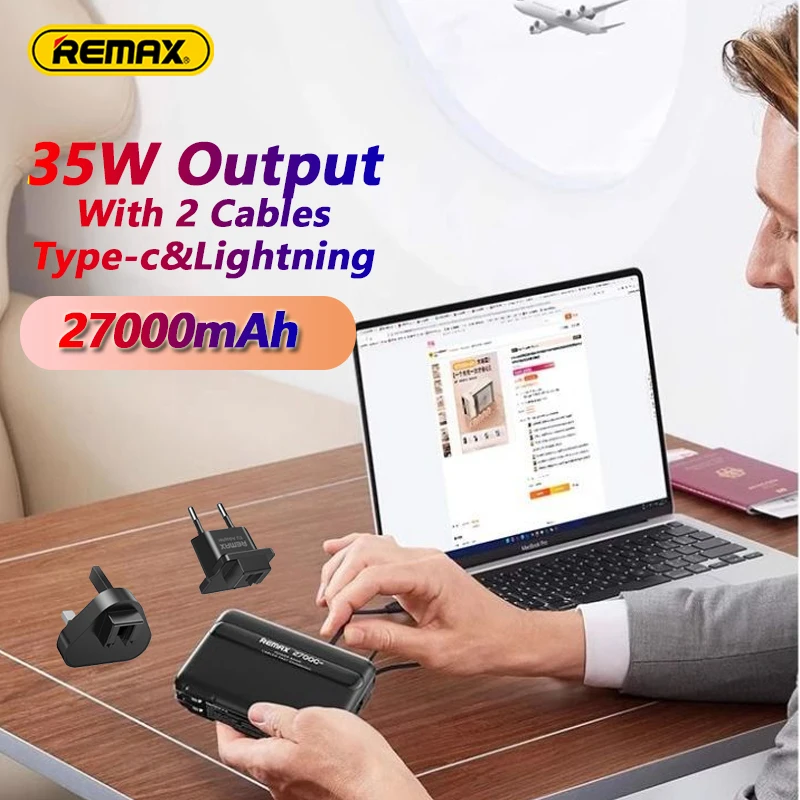 Remax 27000mAh 35W  Fast Charging Power Bank  For Laptops Notebooks iPhone 16 iPad With Type-C Cable AC Plug Adapter UK EU