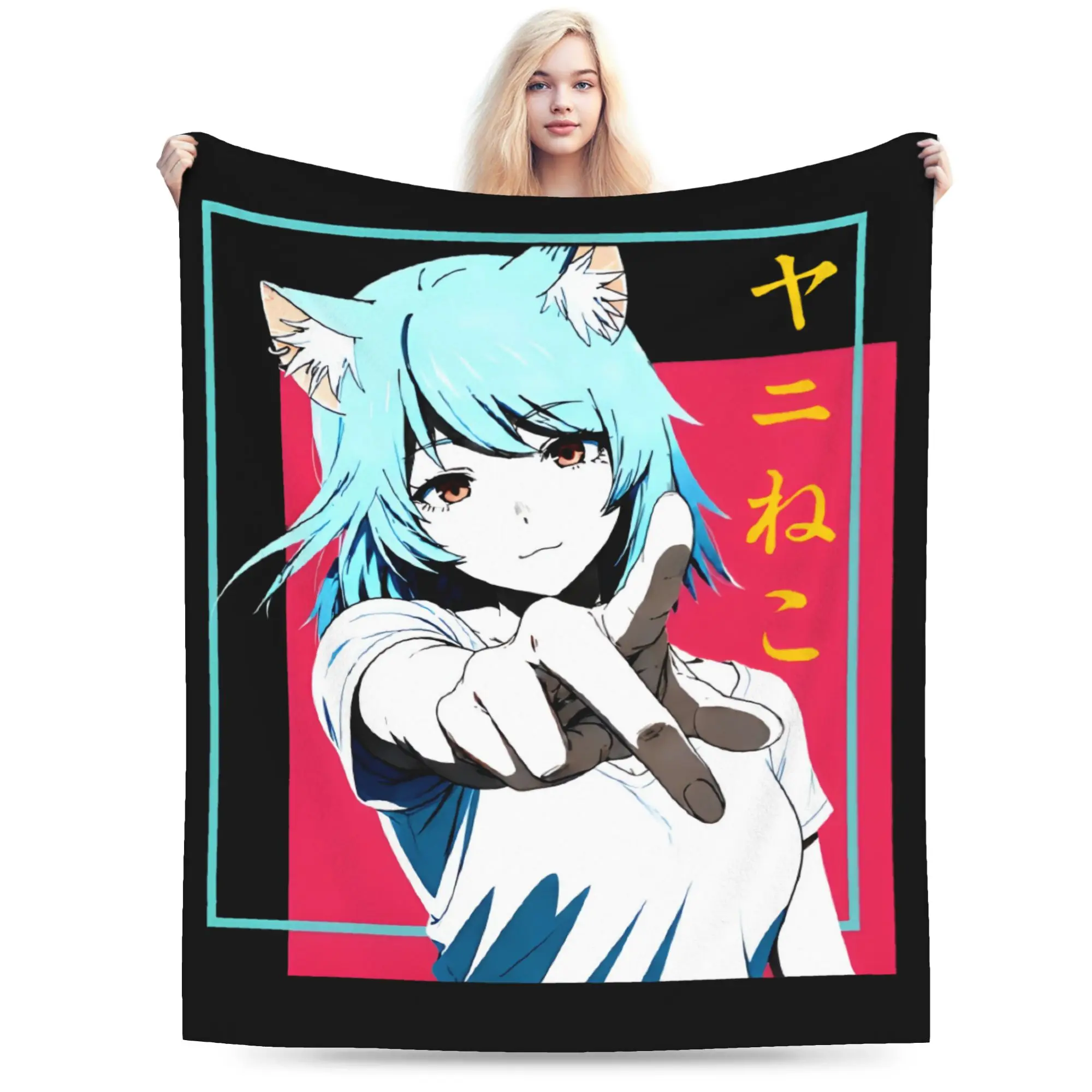 Chainsmoker Cat Yani Neko Anime Blankets Flannel Summer  Breathable Ultra-Soft Throw Blanket for Sofa Travel Plush Thin Quilt